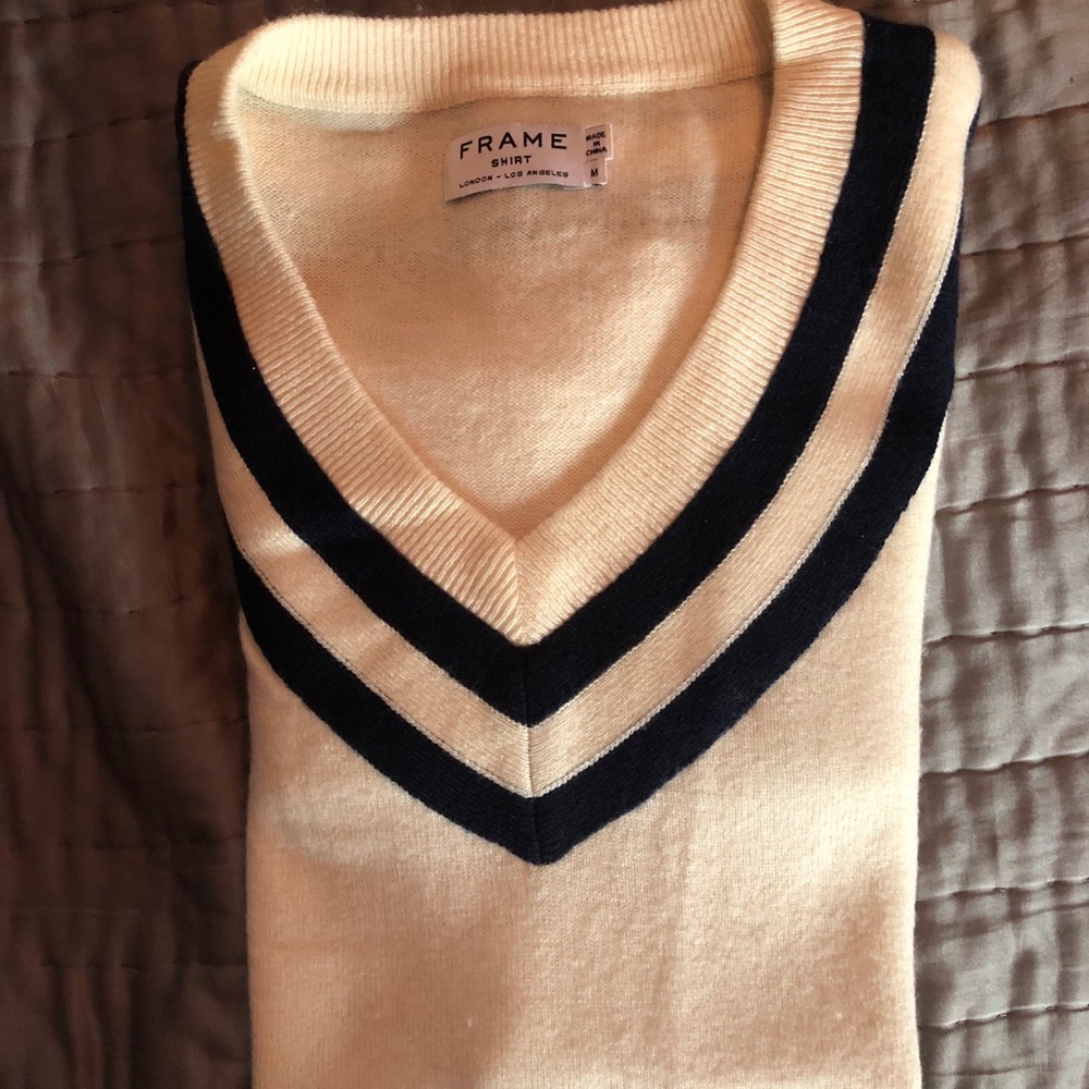 Frame Denim Cream and Black V-Neck Sweater